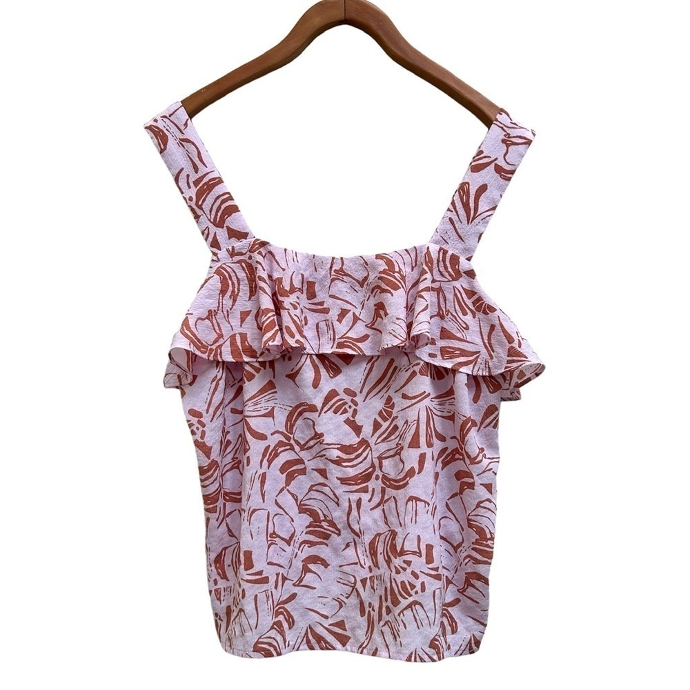 Nine West Ruffle Wide Strap Summer Pink Brown Tank, Size Large